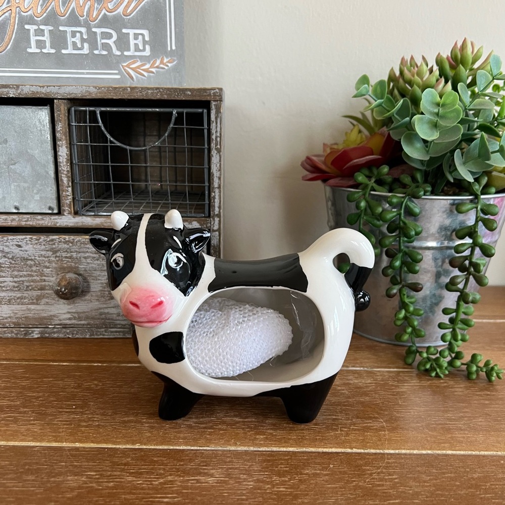 New Farmhouse Ceramic Cow Sponge Holder Set
